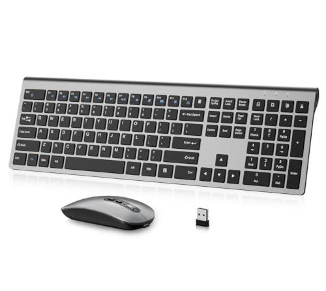 Rechargeable Wireless Keyboard and Mouse Combo – Full Size Silent Ergonomic Scissor Switch Keyboard & Optical Mouse, 2.4G, Grey