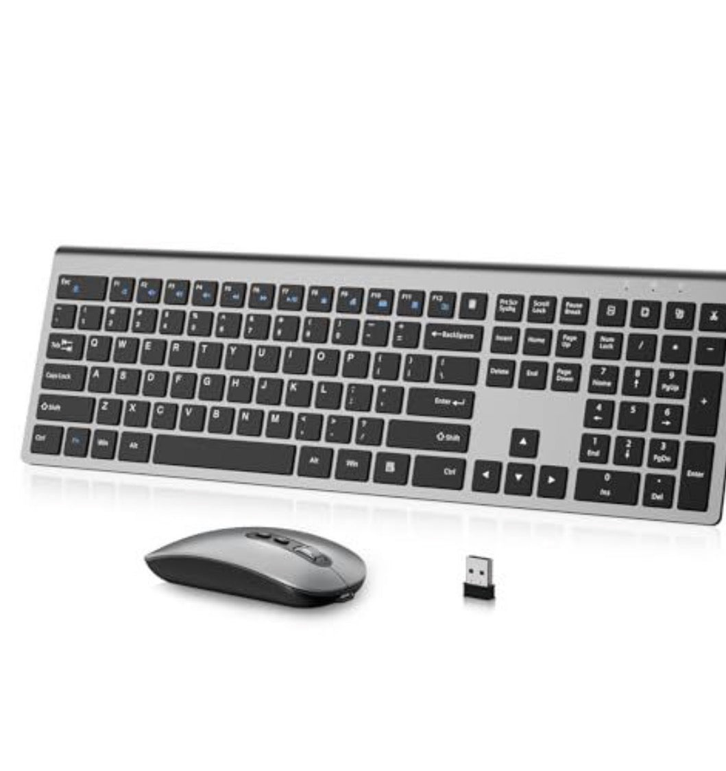Rechargeable Wireless Keyboard and Mouse Combo - Full Size Silent Ergonomic Scissor Switch Keyboard & Optical Mouse, 2.4G Lag-Free for PC/Mac/Laptop/Windows (Grey)