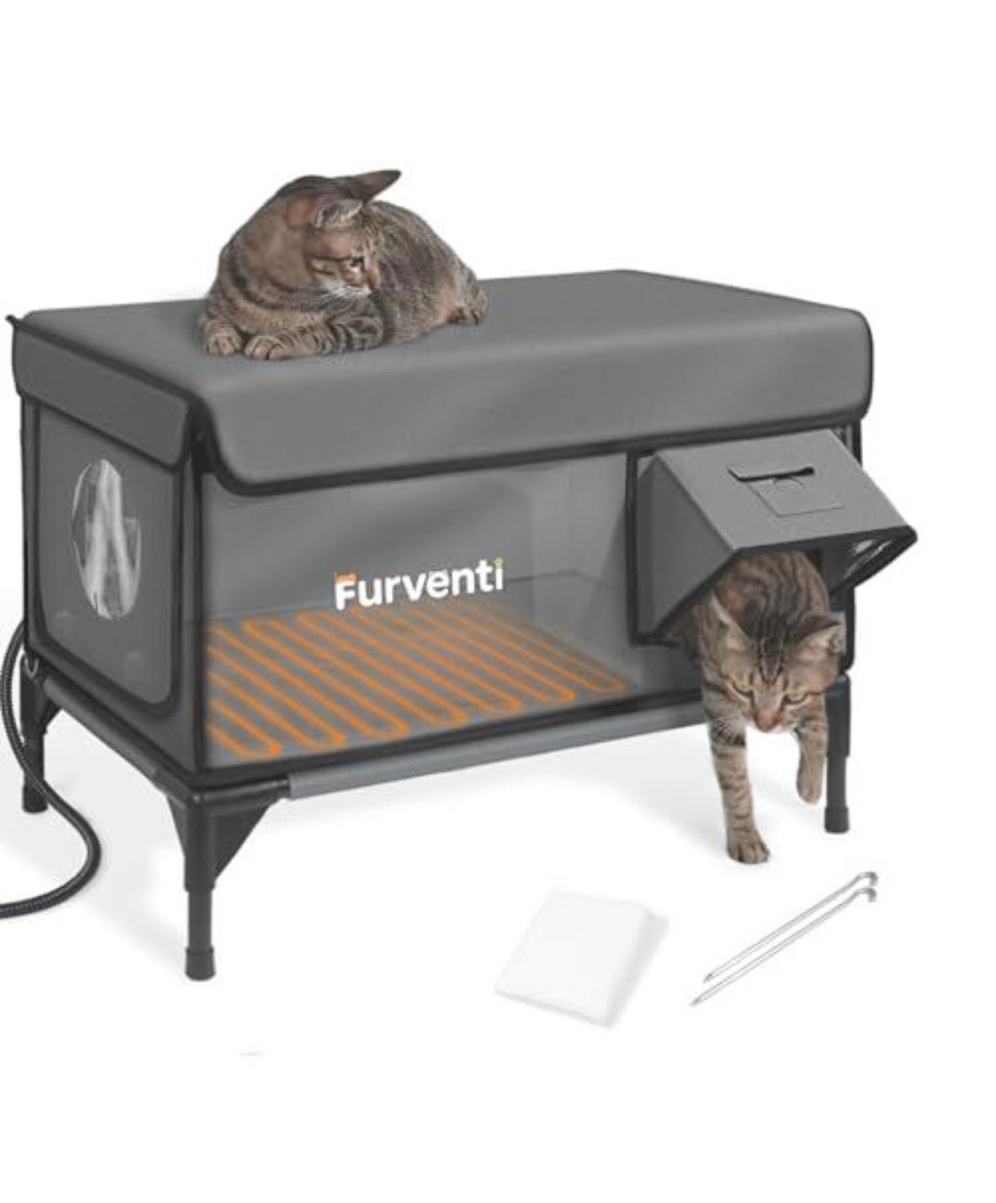 Outdoor Heated Cat House with Camera – Insulated & Weatherproof Elevated Feral Cat Shelter with Waterproof Eaves & Escape Door for Outside Stray Barn Cat (Dark Grey, L)
