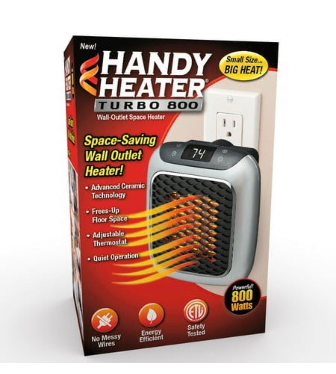 Ontel Handy Heater Turbo 800 Wall Outlet Space Heater with Ceramic Technology & Adjustable Thermostat