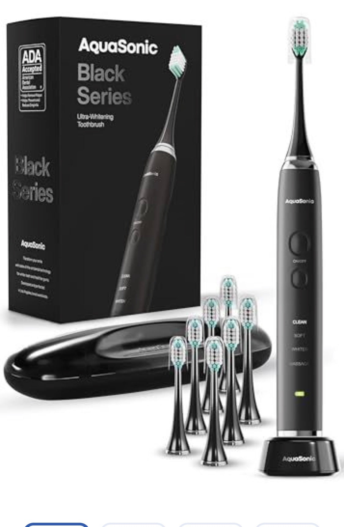 Aquasonic Black Series Ultra Whitening Electric Toothbrush - ADA Accepted, 8 Brush Heads, Travel Case, 40,000 VPM, Wireless Charging, 4 Modes & Smart Timer