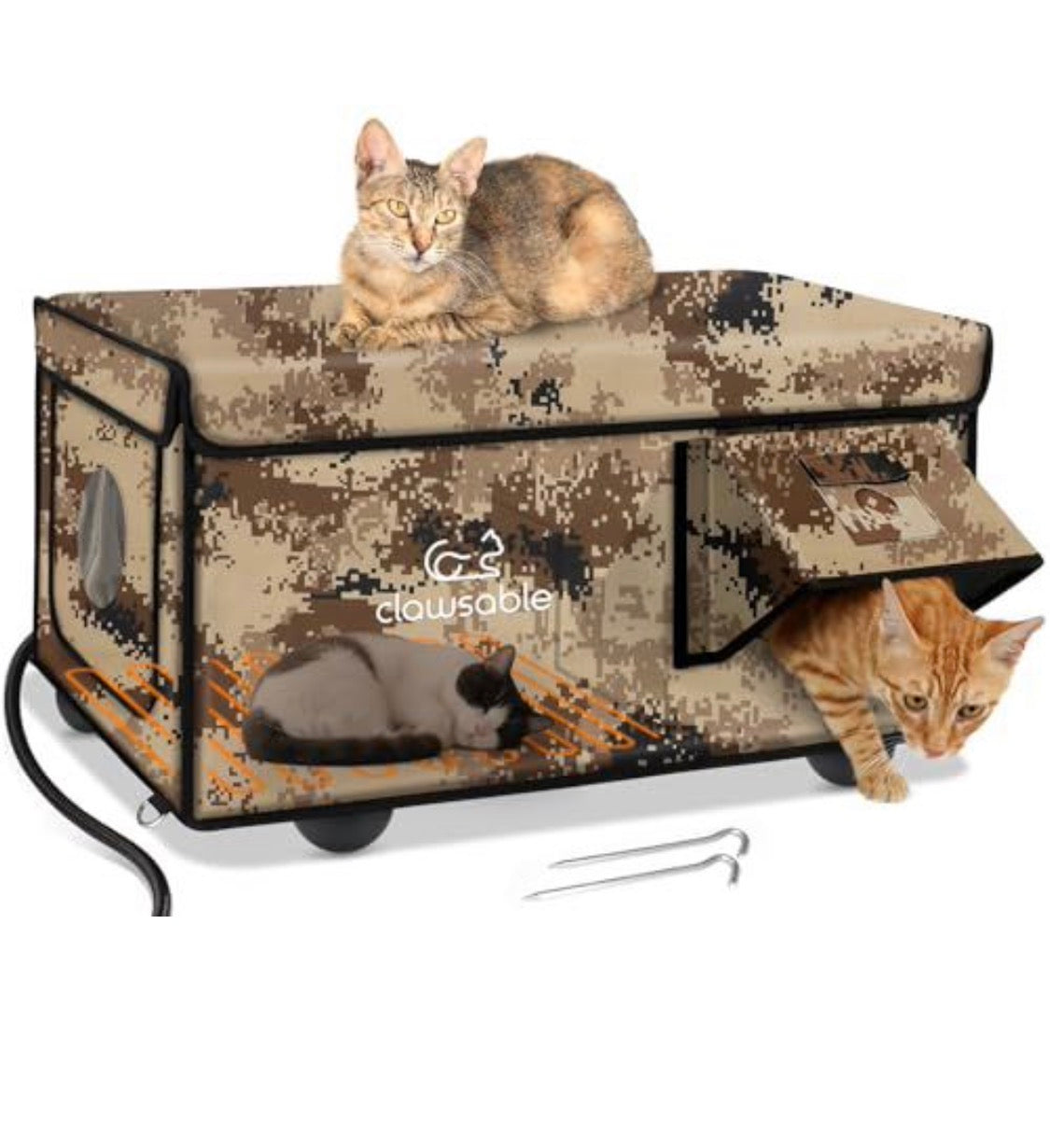 Indestructible Heated Cat House for Outside Cats – 100% Weatherproof, Safe Escape Door, Insulated Outdoor Cat Shelter with Heater for Feral Barn Cat (Desert Camouflage, 26"x16"x14")