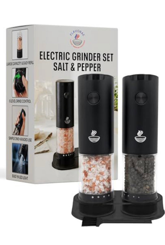 FLAVORAE Electric Salt & Pepper Grinder Set – Black 2-Pack, LED Light, Adjustable Coarseness
