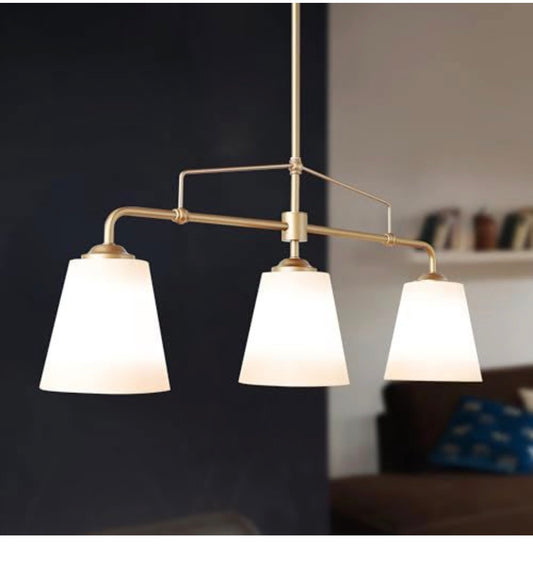 Classy Leaves Gold Linear Chandelier – 3-Light Island Light with White Fabric Shade for Kitchen & Dining Room