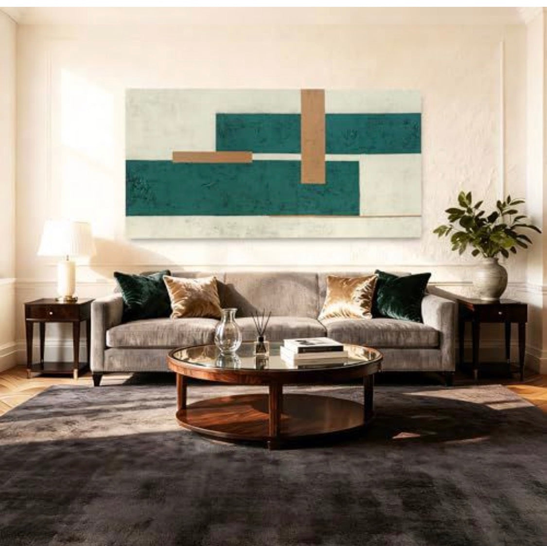 YETHEN WAL Mid Century Geometric Wall Art – Large Green Canvas Print 29x58"
