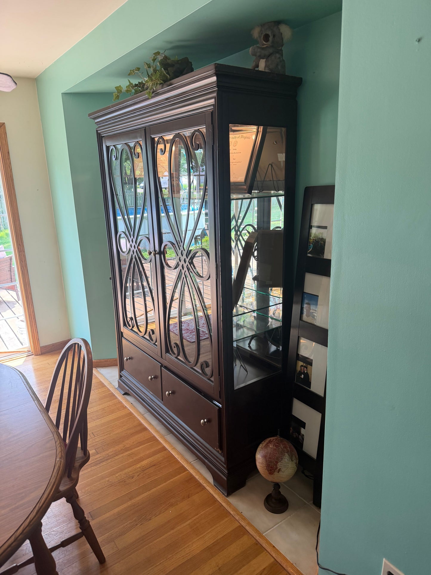 Used Dark Espresso China Hutch / Display Cabinet with Ornate Scrollwork Glass Doors