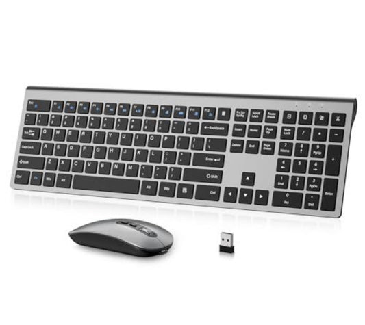 Rechargeable Wireless Keyboard and Mouse Combo – Full Size Silent Ergonomic Scissor Switch Keyboard & Optical Mouse, 2.4G, Grey