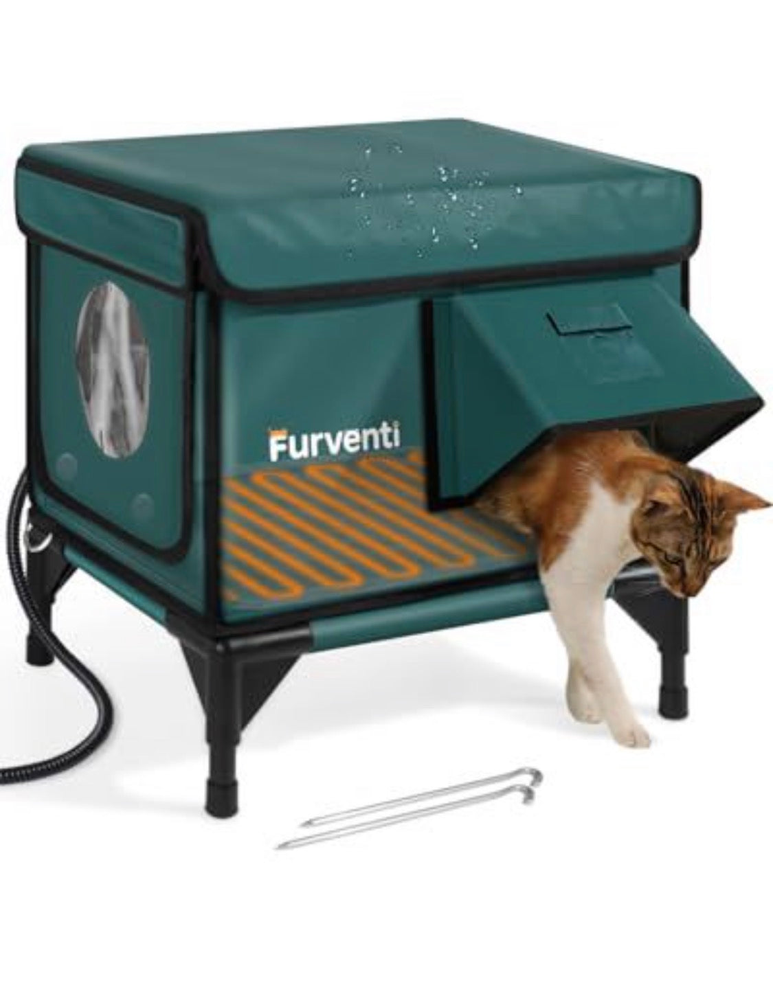 Outdoor Heated Cat House – Insulated & Weatherproof Elevated Feral Cat Shelter with Waterproof Eaves & Escape Door for Outside Stray Barn Cat (Dark Green, S)