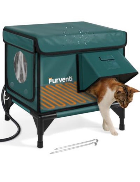 Outdoor Heated Cat House – Insulated & Weatherproof Elevated Feral Cat Shelter with Waterproof Eaves & Escape Door for Outside Stray Barn Cat (Dark Green, S)