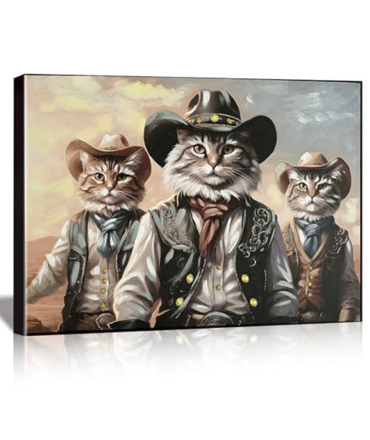 DRLWGTY Framed Canvas Wall Art – Cat in Western Cowboy Outfit, Glitter Hand-Embellished, 28x40 In
