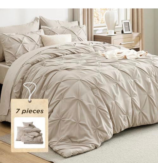 Bedsure Queen Bed in a Bag Beige – 7 Piece Comforter Set with Sheets, Pillow Shams & Pillowcases, Soft Microfiber Complete Bedding Set
