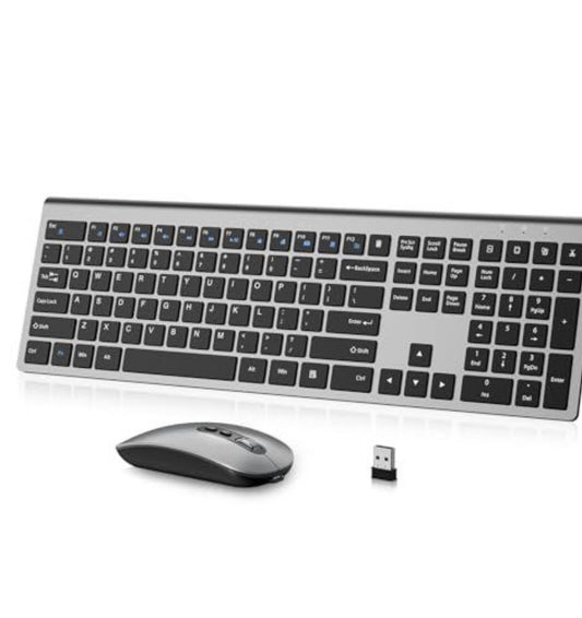 Rechargeable Wireless Keyboard and Mouse Combo - Full Size Silent Ergonomic Scissor Switch Keyboard & Optical Mouse, 2.4G Lag-Free for PC/Mac/Laptop/Windows (Grey)