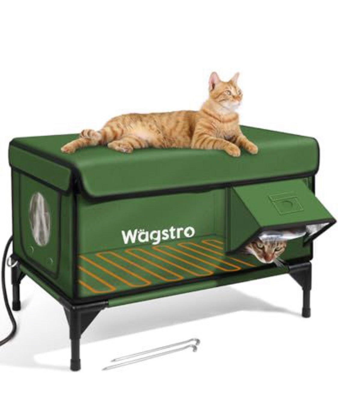 Heated Cat House for Outside – Insulated Weatherproof with Waterproof Eaves & Escape Door, Elevated Outdoor Cat Shelter for Feral Stray Cat (Green, 25.6"x16.5"x18")