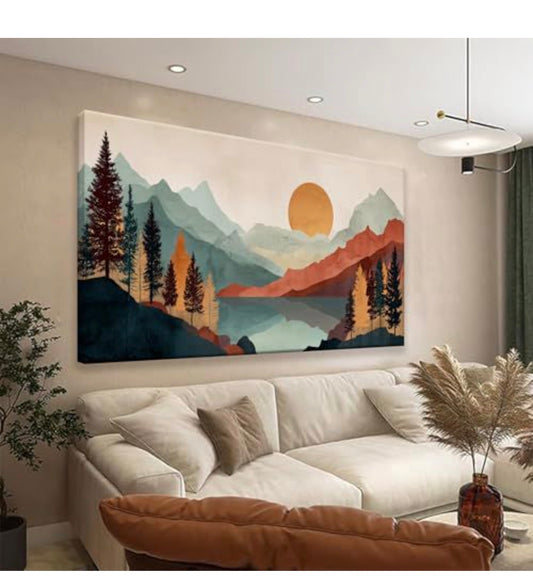 Tsomzxng Large Abstract Boho Wall Art – Mountain Forest Landscape Canvas Print, Colorful, 29x58 Inch