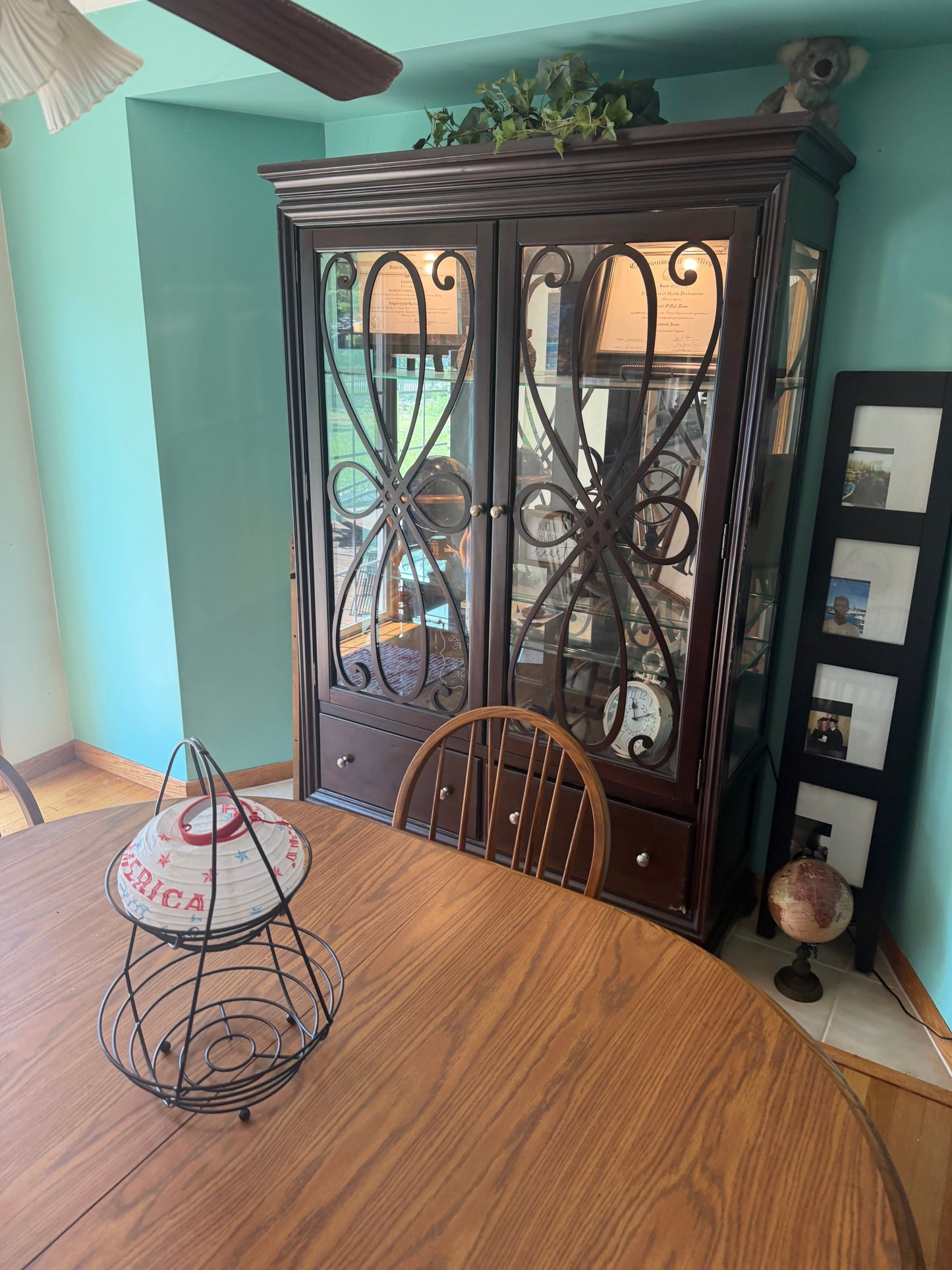 Used Dark Espresso China Hutch / Display Cabinet with Ornate Scrollwork Glass Doors