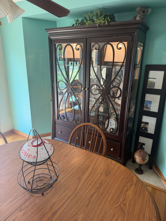 Used Dark Espresso China Hutch / Display Cabinet with Ornate Scrollwork Glass Doors