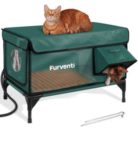Outdoor Heated Cat House with Camera – Insulated & Weatherproof Elevated Feral Cat Shelter with Waterproof Eaves & Escape Door for Outside Stray Barn Cat (Green, L)